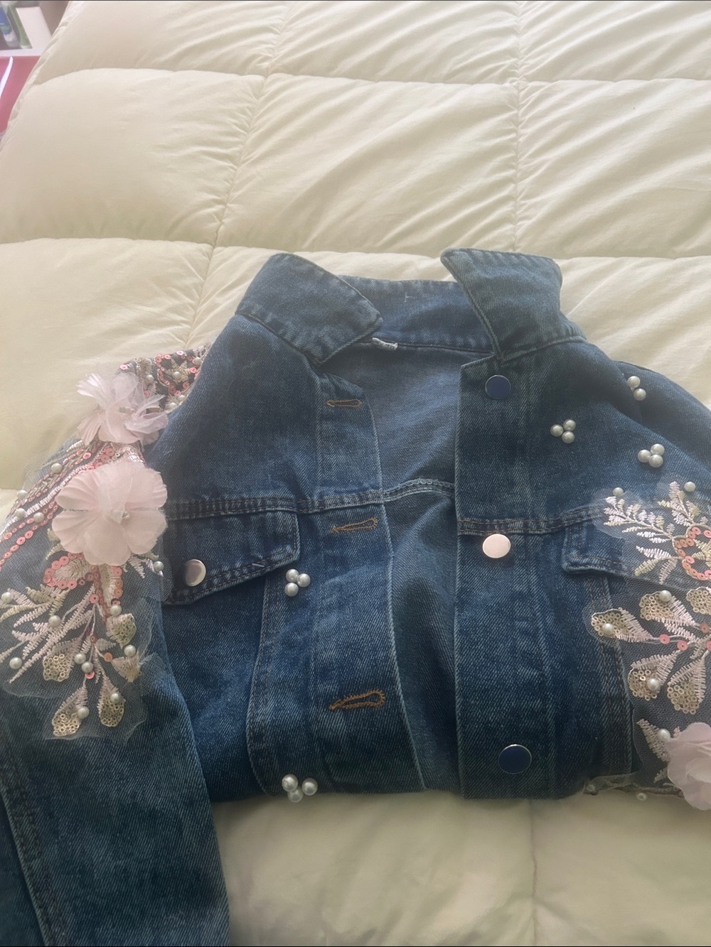 Embellished Floral Denim Jacket - Blue with Pink Accents